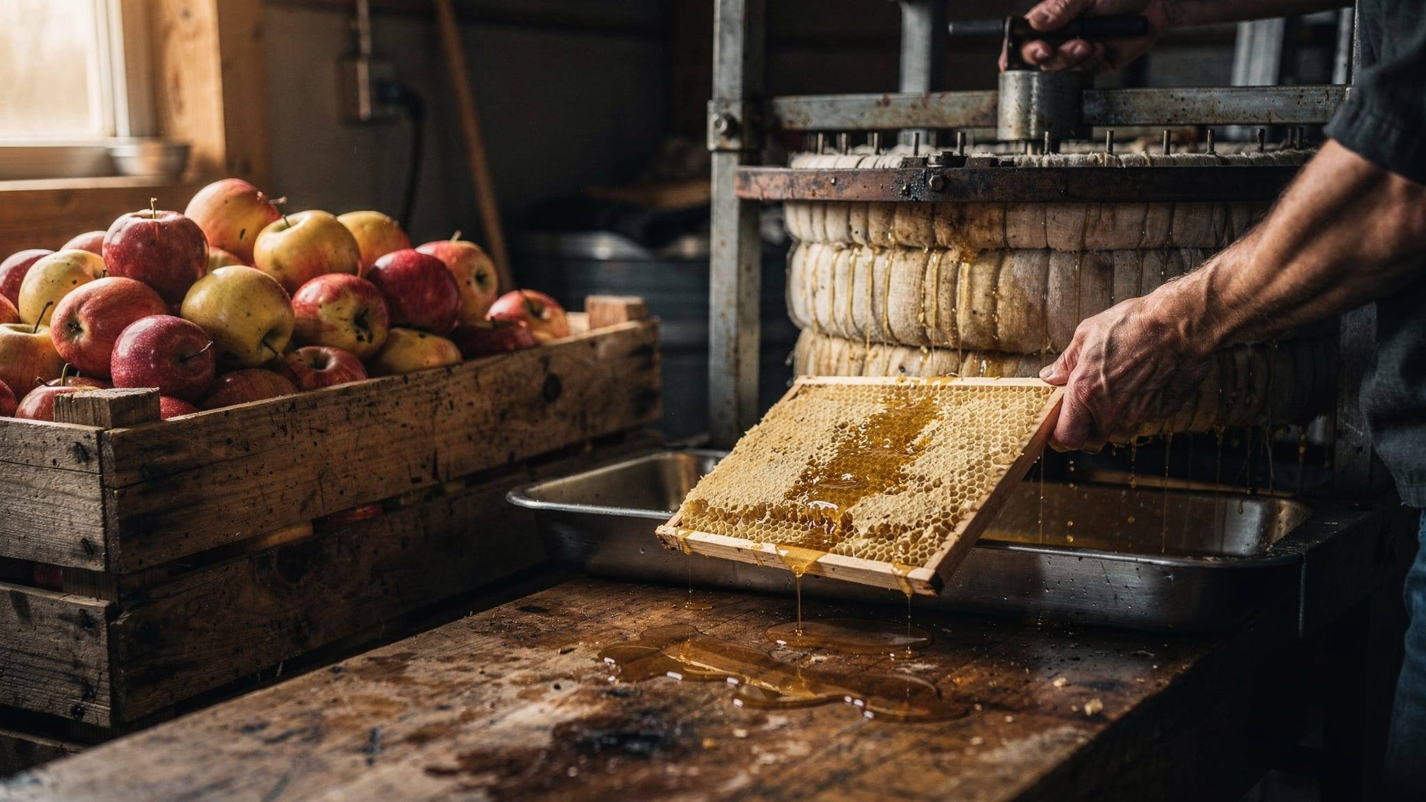 Crates of apples beside a cider press, with a honeycomb frame on the bench.