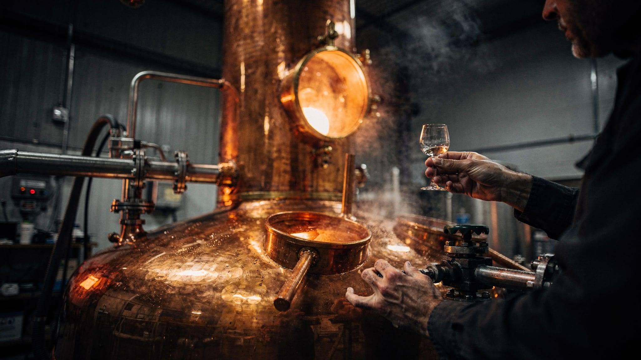 A hammered copper pot still with a glowing sight glass.