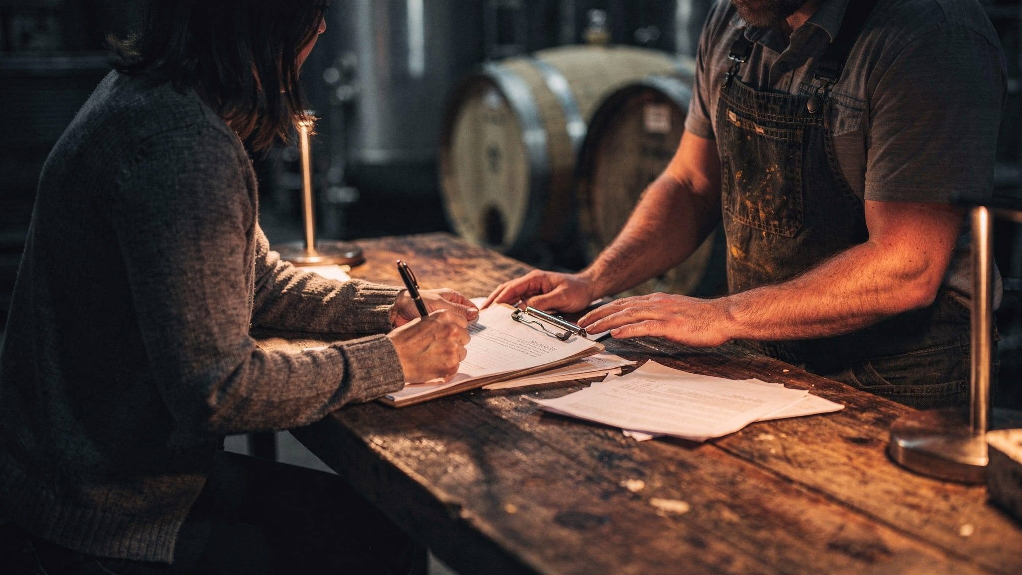 A brewer and an accountant reviewing paperwork together at a cellar table.