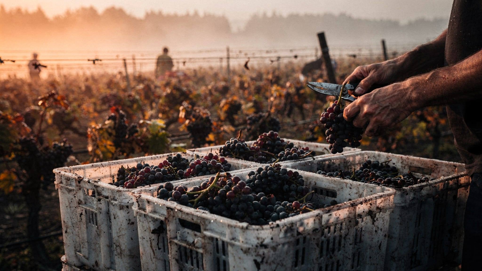 Picking bins full of red grapes between misty vineyard rows at harvest.